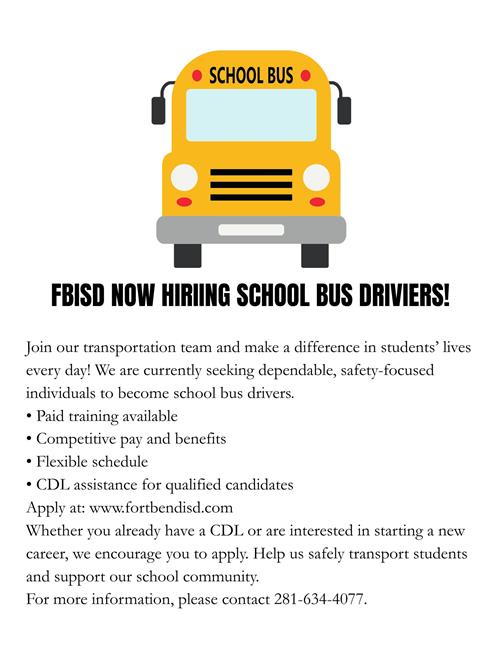  FBISD NOW HIRING BUS DRIVERS